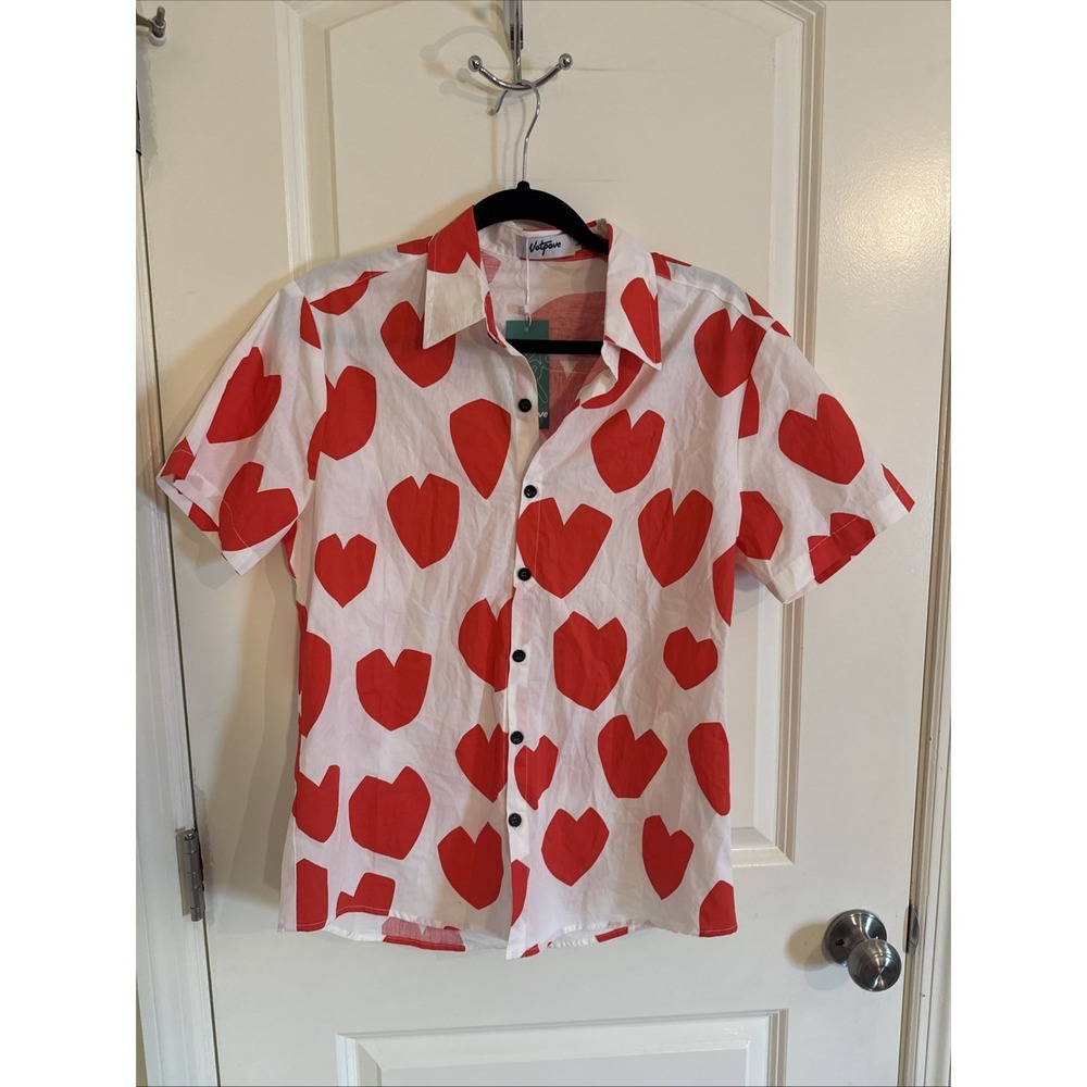 VATPAVE Men's Red Heart Print Casual Short Sleeve Button-Down Shirt Sz Small